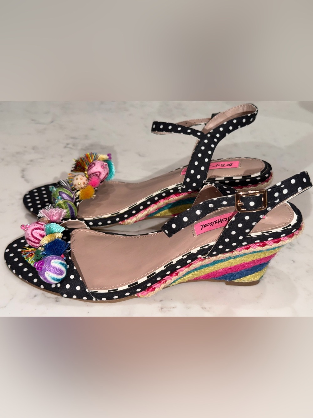 Betsey Johnson Black Polka Dot Wedge Sandals with Pink Insole & Multicolor Trim